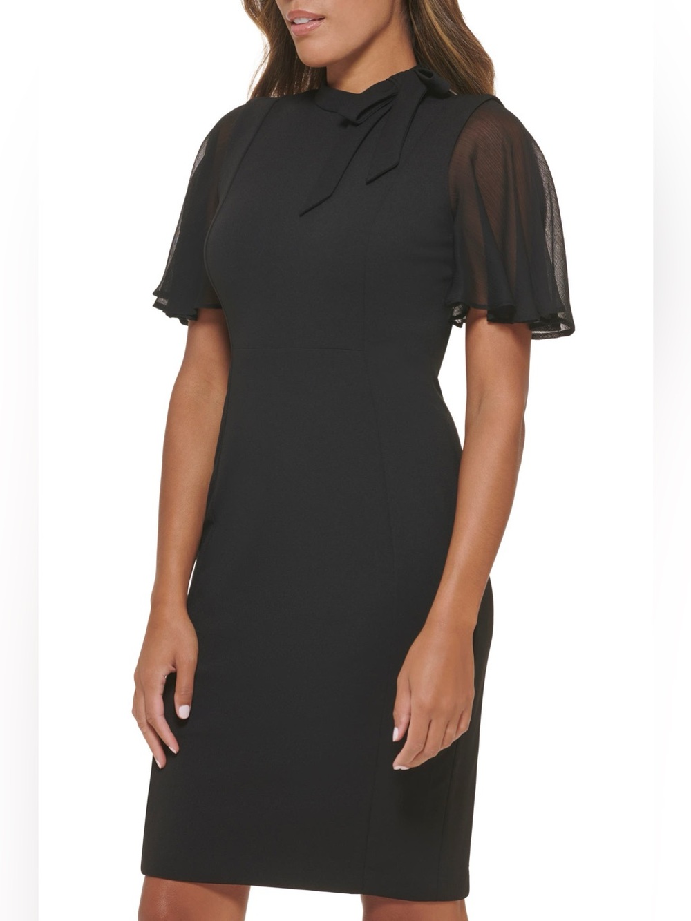 Calvin Klein Tie-Neck Chiffon-Flutter-Sleeve Sheath Dress Crepe Black Size 10